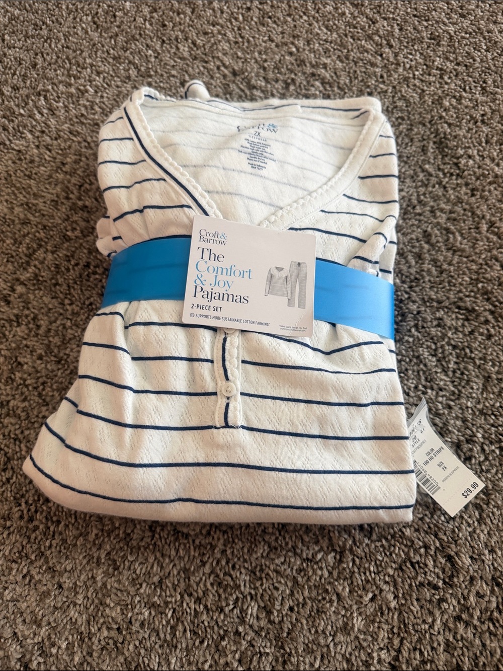 BRAND NEW croft & barrow White and Navy Stripe Pajama Set